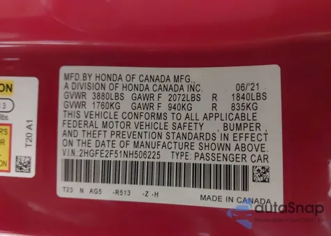 2022 Honda Civic Sport z USA, uszkodzony, nr VIN 2HGFE2F51NH506225